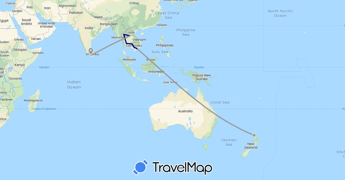 TravelMap itinerary: driving, plane in Cambodia, Laos, Sri Lanka, New Zealand, Thailand, Vietnam (Asia, Oceania)